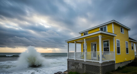 Vivid Coastal Home Against Dramatic Sky And Crashing Waves On The Shoreline