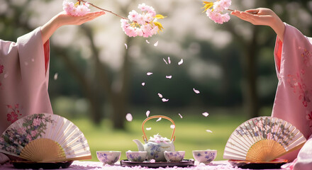 Springtime Tranquility With Japanese Tea Ceremony And Falling Blossom Petals