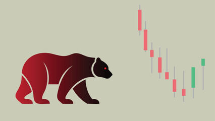 A bear walking in a bear market stock illustration with candlestick chart