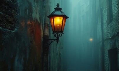 Illuminated street lamp on a wall in a foggy alleyway creating a mysterious and atmospheric scene