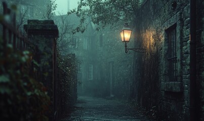 A dimly lit alleyway with a glowing street lamp and stone walls on a foggy night in a european town
