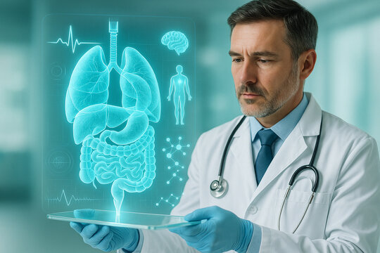 AI generated digital scene of a futuristic doctor using a transparent tablet displaying glowing 3D holograms of human stomach liver and intestines in a clean sci fi medical setting - Powered by Adobe