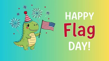 Cute Dinosaur Celebrating Flag Day with American Flag and Fireworks Cartoon Illustration