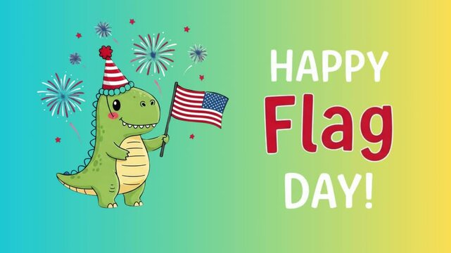 Cute Dinosaur Celebrating Flag Day with American Flag and Fireworks Cartoon Illustration