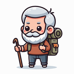 cartoon vector illustration of old man carrying backpack