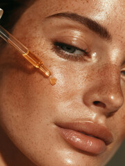 Close up of woman applying facial serum with dropper, showcasing glowing skin and natural freckles, emphasizing skincare and beauty routine