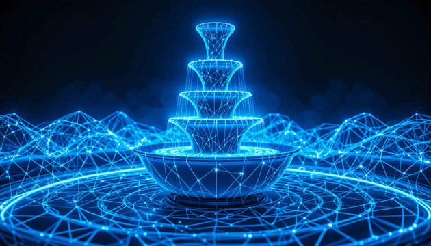 Glowing fountain surrounded by futuristic geometric shapes in blue tones creates a modern abstract digital artwork. - Powered by Adobe
