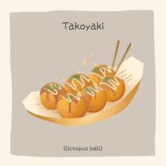 Takoyaki, octopus ball in watercolor realistic illustration style. Vector isolated of delicious japanese traditional authentic food. Delicious tasty takoyaki cartoon for menu, cafe, poster, banner