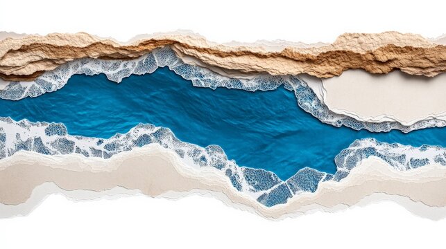Artistic torn paper layers revealing a textured ocean wave design with blue and beige tones
