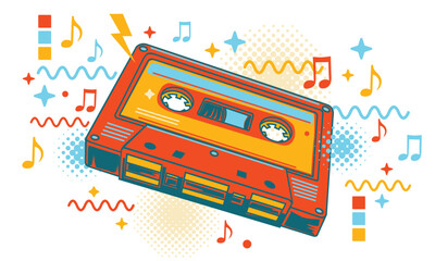 Colorful musical audio cassette and notes funky music design