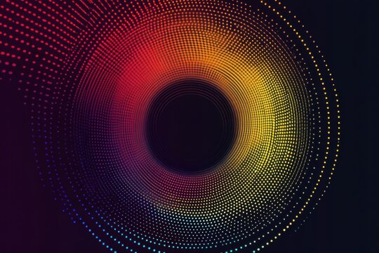 Vibrant swirl of colorful dots creating a dynamic circular pattern in a dark backdrop