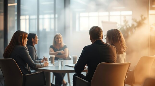 Group of professionals in suits engage in a meeting around a circular table in an office