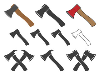 Wooden axe icon symbol shape set. Fire axe fire, department logo. Forestry axe tool logo sign collection. Vector illustration image. Isolated on white background.