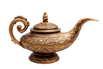 Ornate Antique Brass Genie Lamp A Detailed Close-Up of an Intricately Designed Oil Lamp