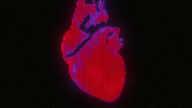 4K Seamless loop of glowing red anatomical heart with CRT scanlines and glitch flicker, pixel distortion and analog noise for motion graphics overlay, screen mode, cyberpunk medical and tech aesthetic
