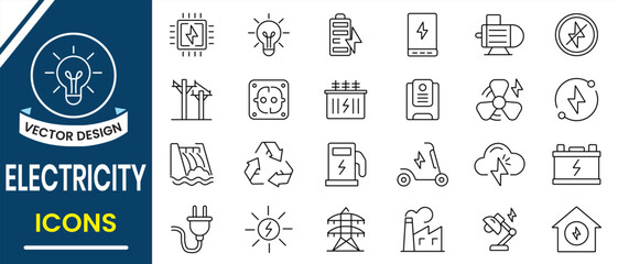 Electricity icons, vector set collection. Electricity, Energy line icons such as lightning strike, static, energy sources, induction, electric current, charger flow and more. Vector illustration.