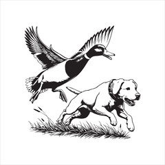 Obraz premium Dog and Duck in Various Motion Poses – Black and White Line Art Vector