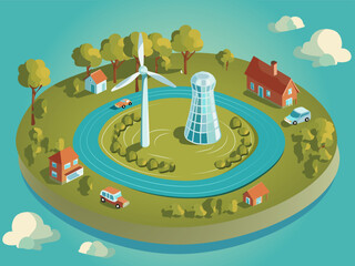 solar clean energy little town illustration