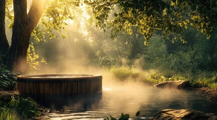 Wooden hot tub nestled in a misty forest at sunrise. Sunlight streams through trees onto a tranquil scene