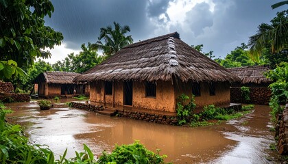 Obraz premium Rustic Clay-Walled Village House in Heavy Rain with Dark Monsoon Clouds