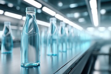 Plastic bottle production in a modern facility showcasing clear containers lined on a conveyor