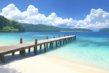 Obraz premium Tranquil wooden pier extends into a turquoise bay, framed by lush green hills and fluffy white clouds. A pristine, sandy beach leads to the water's edge