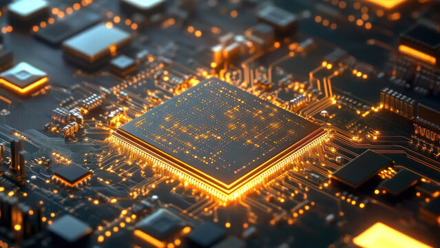 Futuristic glowing microchip technology, desktop wallpaper