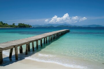 Obraz premium Tranquil wooden pier stretches into turquoise ocean