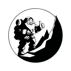 a black and white minimalist logo of a dnd dwarf walking up a mountain, giving a thumbs up
