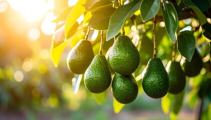 Avocados on tree with sunset orchard.