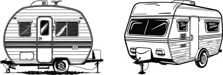 Vintage Travel Trailers Vector Set in Black and White