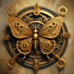 Illustration of butterfly with golden clock cog.