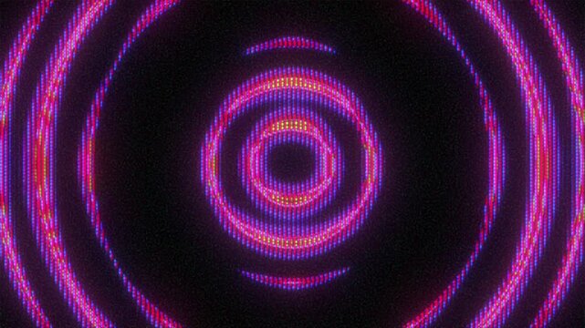 4K Seamless loop of neon concentric rings with pixel glitch distortion and CRT scanlines, vibrant purple-pink animation for motion graphics overlay, screen mode, cyberpunk tech interface data rhythm