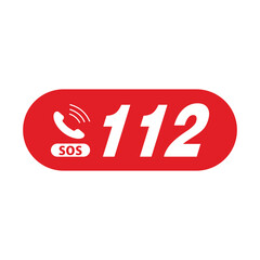 A red oval graphic displaying the emergency contact number 112 with a telephone icon and the abbreviation SOS.