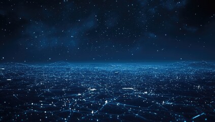 Night city landscape, digitally enhanced, with network lines connecting luminous city lights, over a dark, starlit sky