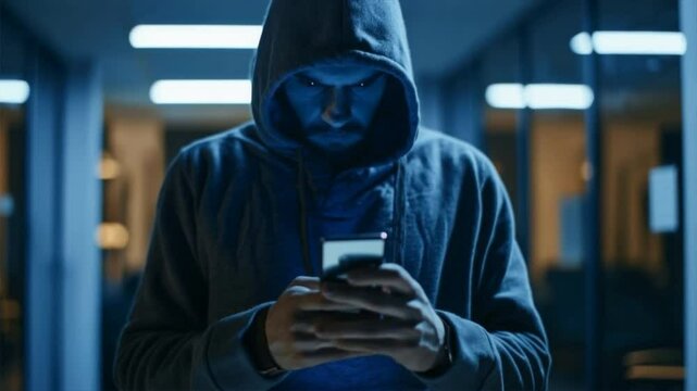 Scammer wearing a hoodie is talking on a cell phone, scamming and criminal concept