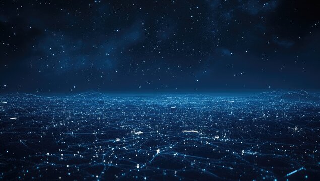 Night city landscape, digitally enhanced, with network lines connecting luminous city lights, over a dark, starlit sky