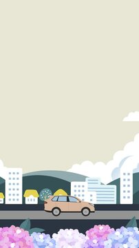 紫陽花と町並みと車のイラストのループ動画_縦