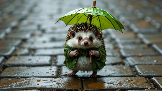 Cute hedgehog wearing green raincoat and holding umbrella standing on cobblestone in rain. Concept of cozy whimsy and autumn day