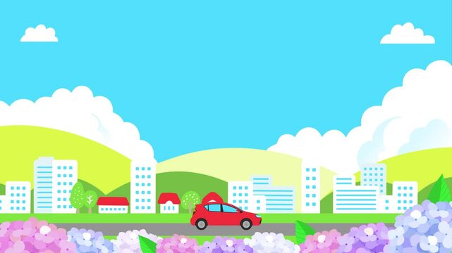 紫陽花と町並みと車のイラストのループ動画