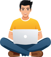  guy working with his laptop, do not show face just a body figure, white background