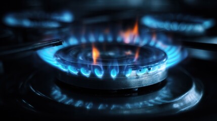 Blue flame burning on gas stove burner	