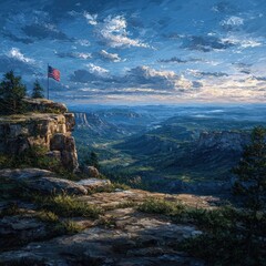Naklejka premium American flag on clifftop overlooking scenic valley at sunset