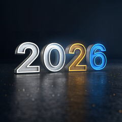 2026 Year Number in the Dark: The year 2026 is illuminated against a deep, dark background, creating a sense of mystery and anticipation. Metallic numerals in silver, gold.
