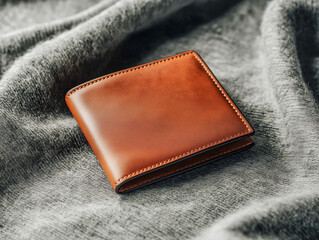 a high-quality leather wallet placed flat on textured grey fabric, natural soft light, sharp product focus, luxury men’s accessory mockup