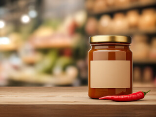 a minimalistic full of glass jar chili pepper ,set on a wooden shelf with blurred kitchen background, blank label, clean lifestyle branding