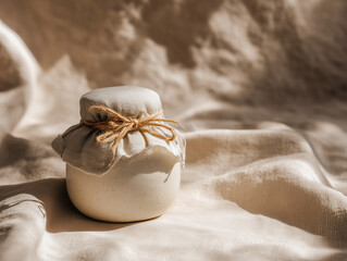 a ceramic skincare or tea jar with natural linen cloth tied with twine on top, placed on beige linen fabric, natural daylight, Japanese-inspired minimalist style