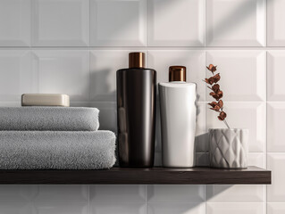 a realistic bathroom shelf setup with shampoo, body wash, and towel neatly arranged, white tile background, natural side lighting, clean modern product placement