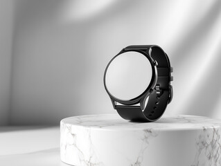 a realistic smartwatch with blank screen on a round white marble platform, minimalist tech product layout, soft spotlight and clean shadows