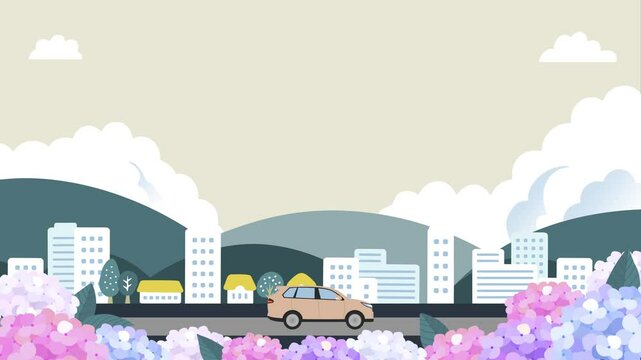 紫陽花と町並みと車のイラストのループ動画